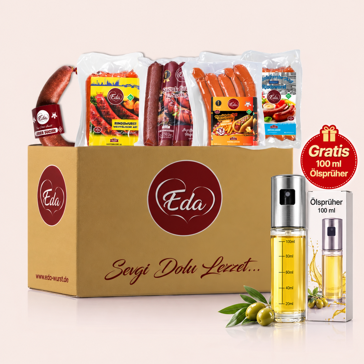 Box : 12er-Pack Rindswürste + 1 Flasche Ölsprüher gratis